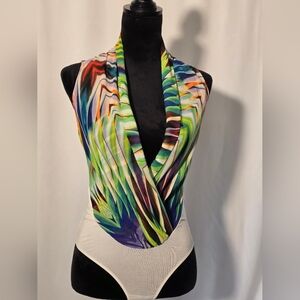 BEBE Multi-colored Body Suit with Deep V Neckline